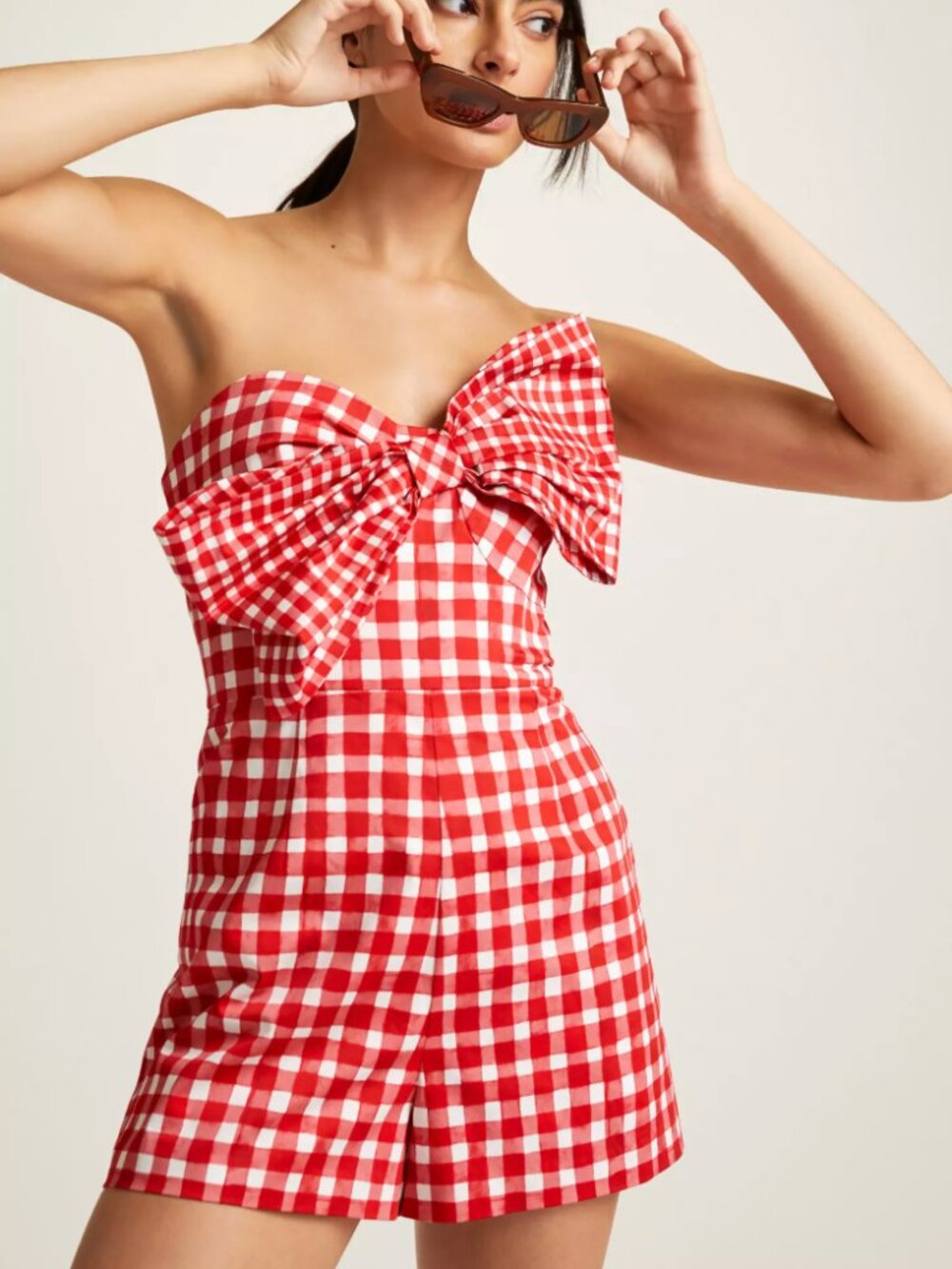 NWT Anthropologie Hutch Red Gingham Fitted Strapless Bow-Front Romper Pockets, 4